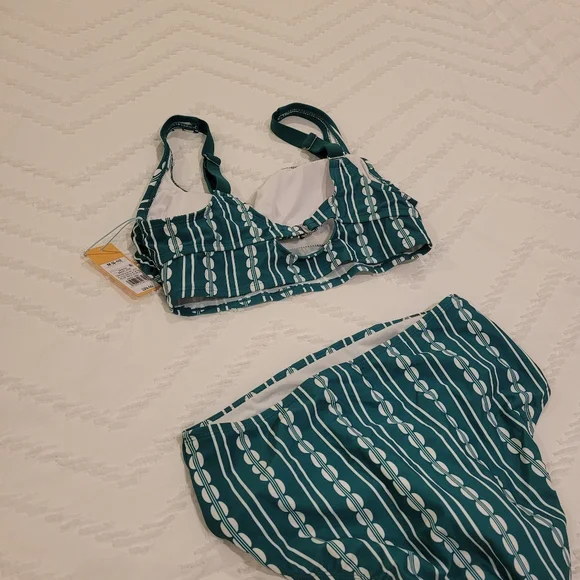 Kona Sol 2 Piece Bikini Green and White Retro Swimsuit Size Medium NWT - Picture 2 of 7